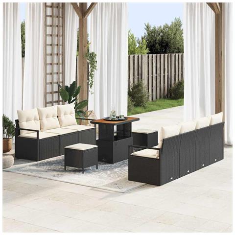 Set da giardino 10 pezzi con cuscini polyrattan nero acacia, Divano da giardino 2 posti con cuscini polyrattan nero, Set da pranzo per giardino 3 pezzi con cuscini polyrattan nero acacia - Foto 2