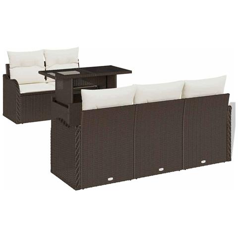 Set di divani da giardino 6 pezzi con cuscini in rattan polimerico marrone, Divano da giardino 2 posti con spazio di stoccaggio e cuscini in rattan polimerico marrone - Foto 1