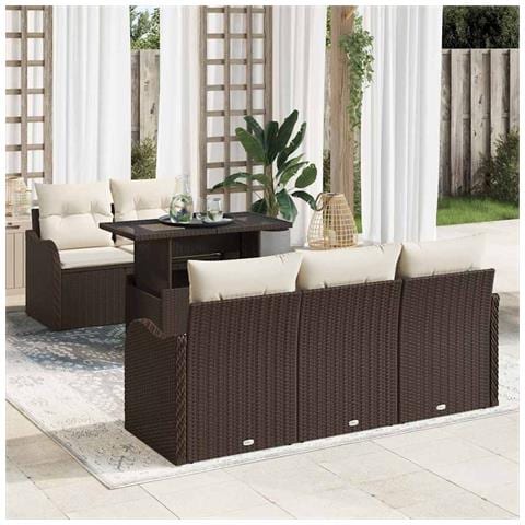 Set di divani da giardino 6 pezzi con cuscini in rattan polimerico marrone, Divano da giardino 2 posti con spazio di stoccaggio e cuscini in rattan polimerico marrone - Foto 2