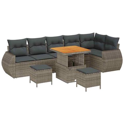 Set Divano da Giardino 9 Pezzi con Cuscini Grigio Polyrattan Acacia, Set da Pranzo da Giardino 3 Pezzi con Cuscini Grigio Polyrattan Acacia - Foto 1