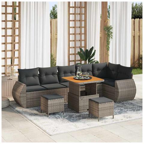 Set Divano da Giardino 9 Pezzi con Cuscini Grigio Polyrattan Acacia, Set da Pranzo da Giardino 3 Pezzi con Cuscini Grigio Polyrattan Acacia - Foto 2