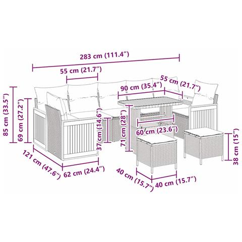 Set Divano da Giardino di 10 Pezzi con Cuscini Nero Polyrattan Acacia, Divano da Giardino a Due Posti con Cuscini Nero Polyrattan, Set da Pranzo da Giardino a 3 Pezzi con Cuscini Nero Polyrattan Acacia - Foto 9