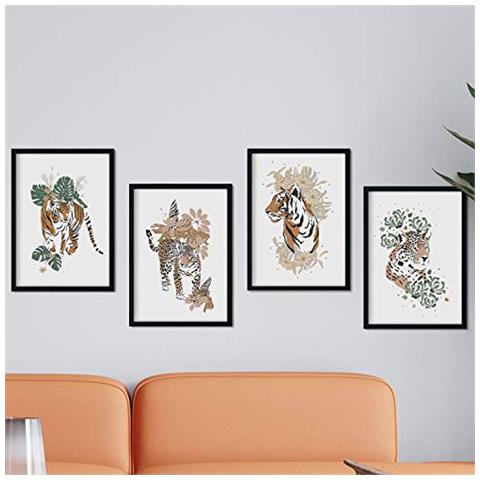 Set Di 4 Stampe Poster Di Animali Della Giungla. Foglia Di Tigre Leopardo Con Animali, Fiori E Piante Della Giungla Cornice Nera A4 - Foto 1