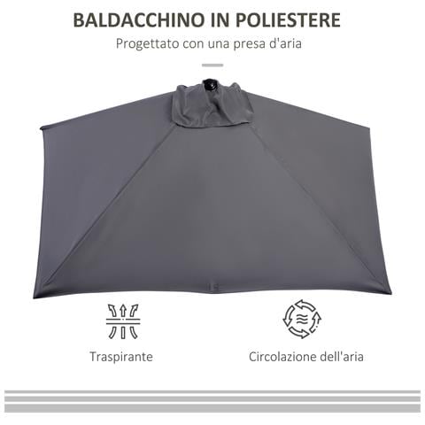 Ombrellone da Parete Mezzaluna Salvaspazio con Apertura a Manovella, Grigio - Foto 2