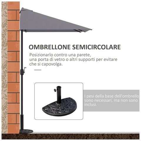 Ombrellone da Parete Mezzaluna Salvaspazio con Apertura a Manovella, Grigio - Foto 6