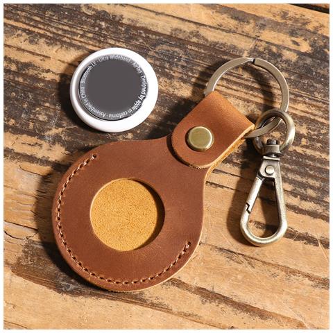 Custodia Premium In Pelle Per Airtag Con Anello Portachiavi - Marrone Brown - Foto 2