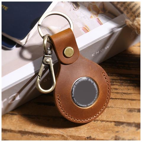 Custodia Premium In Pelle Per Airtag Con Anello Portachiavi - Marrone Brown - Foto 4