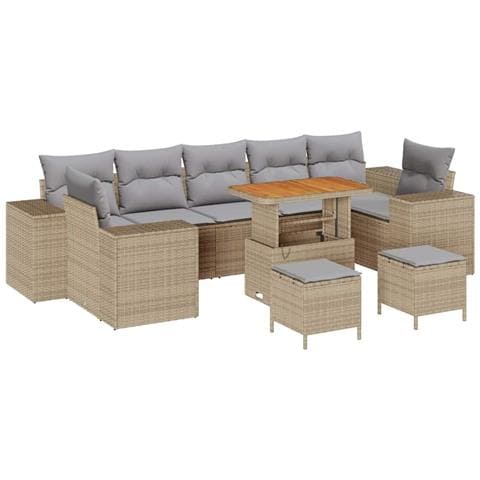 Set da giardino 10 pezzi con cuscini rattan beige in poliestere acacia,  Set da pranzo da giardino 3 pezzi con cuscini rattan beige in poliestere acacia - Foto 1