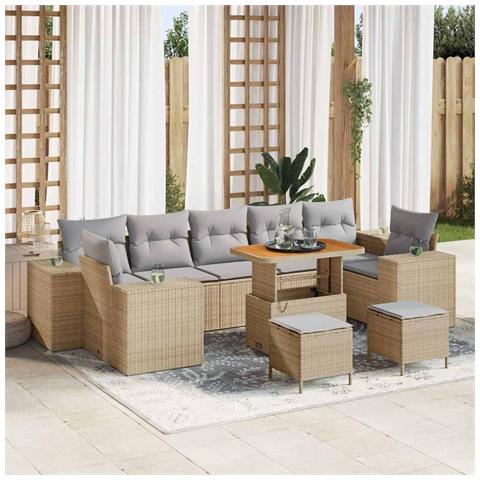 Set da giardino 10 pezzi con cuscini rattan beige in poliestere acacia,  Set da pranzo da giardino 3 pezzi con cuscini rattan beige in poliestere acacia - Foto 2