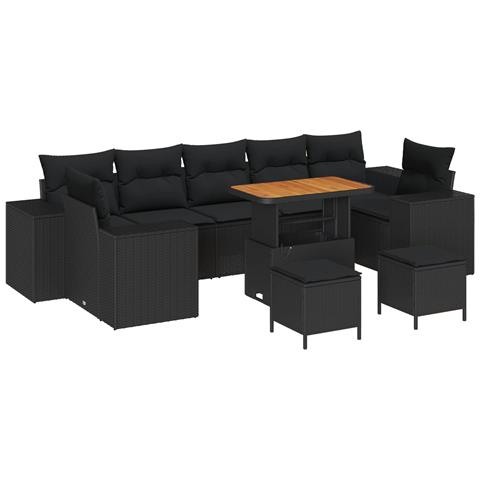 Set Divano da Giardino di 10 Pezzi con Cuscini Rattan Nero Acacia,  Set da Pranzo da Giardino di 3 Pezzi con Cuscini Rattan Nero Acacia - Foto 1