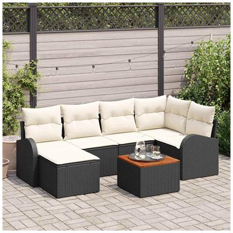 Set giardino 7 pezzi con cuscini  Nero Polyrattan Acacia, Divano giardino 2 posti con storage e cuscini  Nero Polyrattan - Foto 2