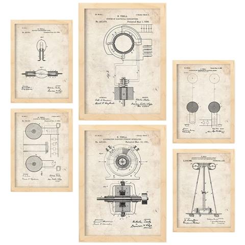Set Di 6 Stampe Poster Con Elettricità 2 Brevetti Poster Con Immagini Di Brevetti Retrò Design D'interni In Stile Vintage A3 & A4 Telaio In Legno Chiaro - Foto 1