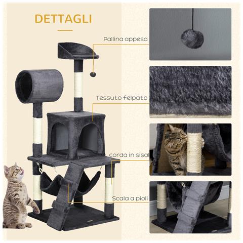 Albero Per Gatti Con Tiragraffi Per Gatti, Casetta Per Gatti, Amaca, Letto, Tunnel E Pallina, 48x48 X125 Cm, Grigio Scuro - Foto 6