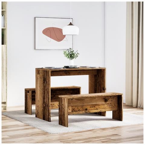 Set Tavolo Da Pranzo E Panche 3 Pz Legno Antico In Truciolato - Foto 3