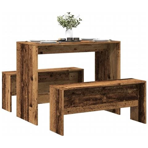 Set Tavolo Da Pranzo E Panche 3 Pz Legno Antico In Truciolato - Foto 1