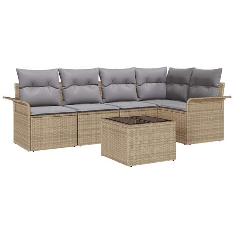 Set di divani da giardino 6 pezzi con cuscini in rattan polirattan nero, Divano da giardino 2 posti con spazio di stoccaggio e cuscini in polirattan beige - Foto 1