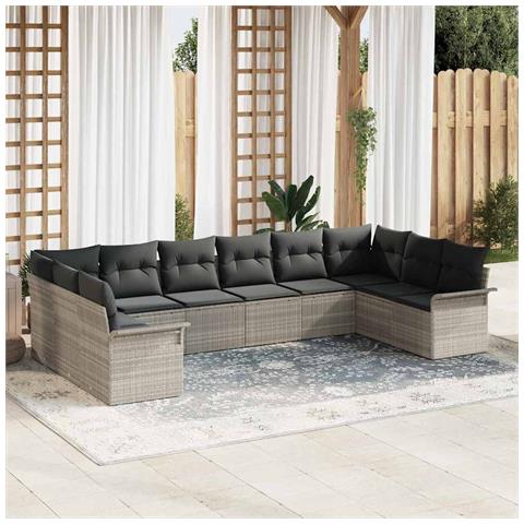 Set di divani da giardino da 10 pezzi con cuscini Grigio chiaro Polyrattan - Foto 2