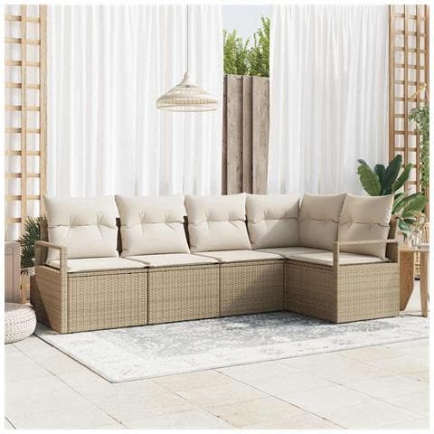 Set Divano da Giardino 5 Pezzi con Cuscini Beige Polyrattan, Divano da Giardino 2 Posti con Cuscini Beige Polyrattan - Foto 2