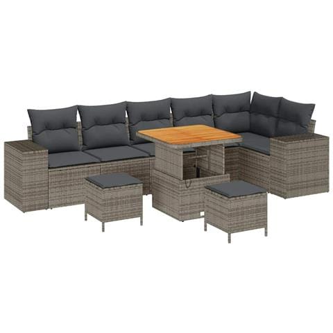 Set Divano da Giardino 9 Pezzi con Cuscini Grigio Polyrattan Acacia, Set da Pranzo da Giardino 3 Pezzi con Cuscini Grigio Polyrattan Acacia - Foto 1