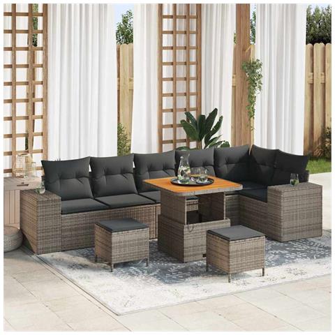 Set Divano da Giardino 9 Pezzi con Cuscini Grigio Polyrattan Acacia, Set da Pranzo da Giardino 3 Pezzi con Cuscini Grigio Polyrattan Acacia - Foto 2