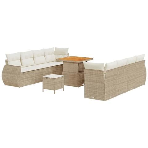 Set da Giardino 11 Pezzi con Cuscini Beige Polirattan Acacia,  Set da Pranzo da Giardino 3 Pezzi con Cuscini Beige Polirattan Acacia - Foto 1