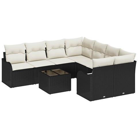 Set di divano da giardino a 9 pezzi con cuscini Nero Rattan, Divano da giardino a 2 posti con cuscini Nero Rattan - Foto 1