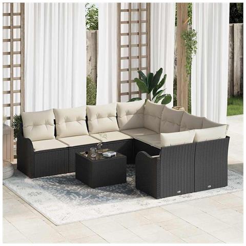 Set di divano da giardino a 9 pezzi con cuscini Nero Rattan, Divano da giardino a 2 posti con cuscini Nero Rattan - Foto 2