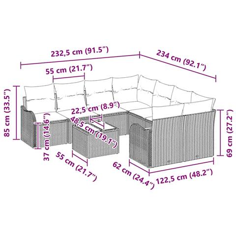 Set di divano da giardino a 9 pezzi con cuscini Nero Rattan, Divano da giardino a 2 posti con cuscini Nero Rattan - Foto 9