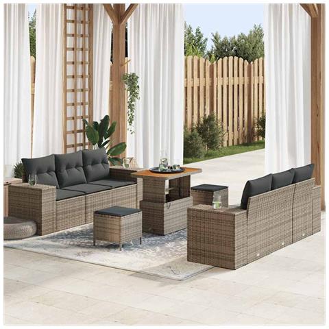 Set Divano da Giardino 9 Pezzi con Cuscini Grigio Polyrattan Acacia,  Set da Pranzo da Giardino 3 Pezzi con Cuscini Grigio Polyrattan Acacia - Foto 2