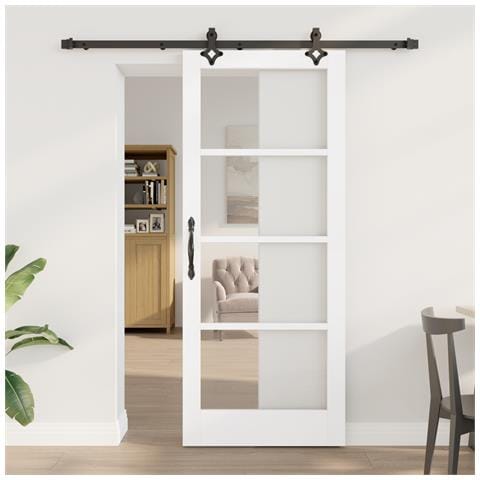 Porta Scorrevole  con Set di Hardware 'ORKDAL'Bianco in Legno Massello e Vetro, Porta Interna  con Vetro 'ORKDAL'Bianco 83x202x4 cm - Foto 2