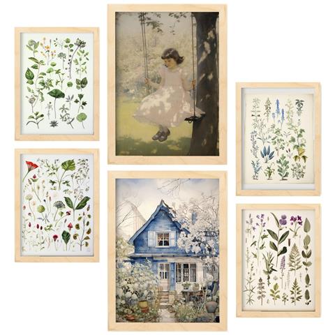 Set Di 6 Stampe Fiori Di Casa Nell'asilo Dipinti Decorativi Estetici Per Il Tuo Soggiorno, Camera Da Letto, Casa A3 & A4 Telaio In Legno Chiaro - Foto 1
