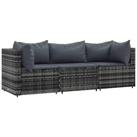 Set Divani Da Giardino 3 Pz Con Cuscini In Polyrattan Grigio - Foto 1