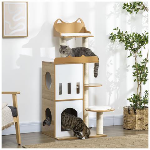 Albero Per Gatti In Mdf Con Tiragraffi Per Gatti, 2 Casette Per Gatti, Posatoi E Pallina Da Gioco, 60x48x133 Cm - Foto 1