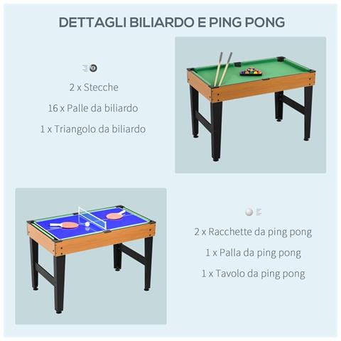 Tavolo Multigioco 4 in 1 con Calcio Balilla, Biliardo, Ping Pong e Hockey da Tavolo, 107x61x84.5cm - Foto 2