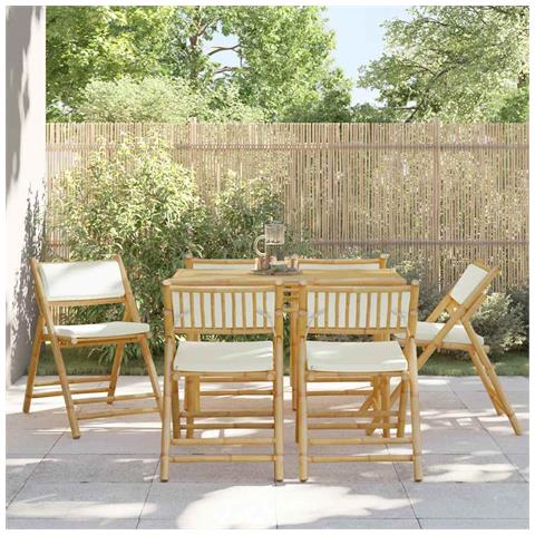 Sedie Da Bistrot Pieghevoli 6 Pz Cuscini Bianco Crema In Bambù - Foto 8