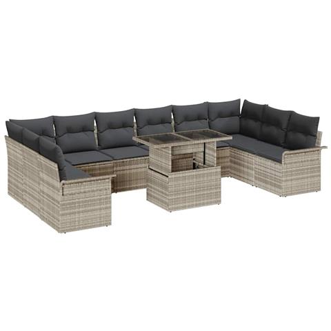 Set da giardino 11 pezzi con cuscini grigio chiaro in polirattan - Foto 1