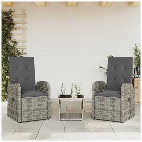 Set da Pranzo da Giardino 3 pz con Cuscini in Polyrattan Grigio - Foto 2