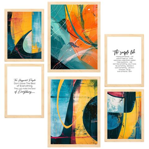 Set Di 6 Stampe Colori Astratti, Giallo, Arancione, Blu, Forme Incorniciate Con Illustrazioni Per La Casa, Negozio, Pittura A3 & A4 Telaio In Legno Chiaro - Foto 1