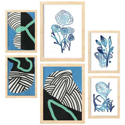 Set Di 6 Stampe Dipinti Decorativi Astratti Estetici Con Fiori Verdi Selvatici Per Il Tuo Soggiorno Di Casa A3 & A4 Telaio In Legno Chiaro - Foto 1
