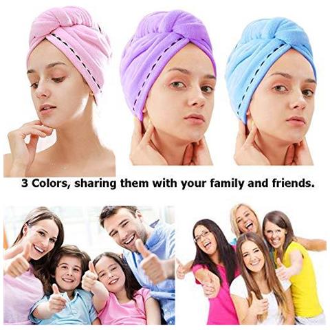 Asciugamano 3 Pack Microfibra Capelli Wrap Assorbente Eccellente Twist Caps Turbante Capelli Secchi Con Pulsanti Bagno Loop Fissare Salone Di Capelli Secchi Cappello Rosa Blu Viola - Foto 4