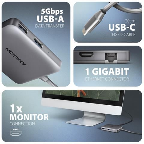 N HMC-5HL USB 5Gbps hub 2x USB-A HDMI 4k / 60Hz RJ-45 GLAN PD 100W kabel USB-C Cablato USB 3.2 Gen 1 (3.1 Gen 1) Type-C Argento - Foto 2