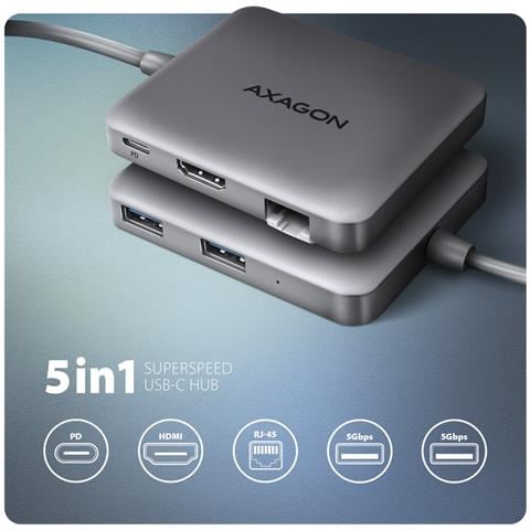N HMC-5HL USB 5Gbps hub 2x USB-A HDMI 4k / 60Hz RJ-45 GLAN PD 100W kabel USB-C Cablato USB 3.2 Gen 1 (3.1 Gen 1) Type-C Argento - Foto 7