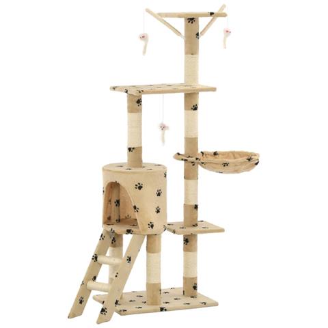 Albero Per Gatti E Tiragraffi Sisal 138 Cm Zampe Stampate Beige - Foto 1