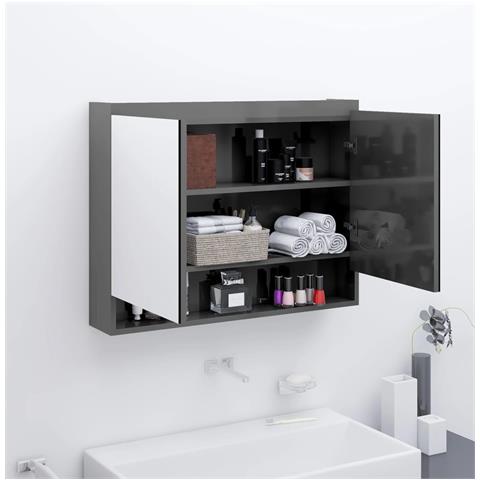 Lusso Casadino - Armadietto Bagno Con Specchio 80x15x60 Cm In Mdf Grigio Lucido - Foto 8