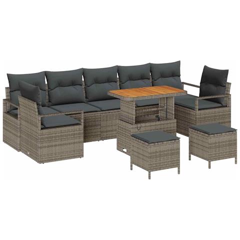Set di divani da giardino da 10 pezzi con cuscini Grigio Poli Rattan Acacia,  Divano da giardino per 2 persone con cuscini Grigio Poli Rattan,  Set da pranzo da giardino da 3 pezzi con cuscini Grigio Poli Rattan Acacia - Foto 1