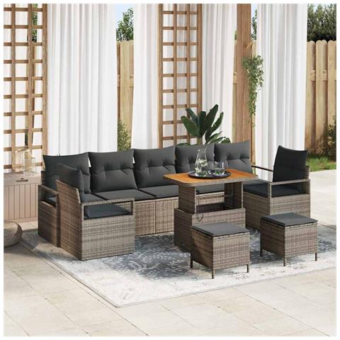 Set di divani da giardino da 10 pezzi con cuscini Grigio Poli Rattan Acacia,  Divano da giardino per 2 persone con cuscini Grigio Poli Rattan,  Set da pranzo da giardino da 3 pezzi con cuscini Grigio Poli Rattan Acacia - Foto 2