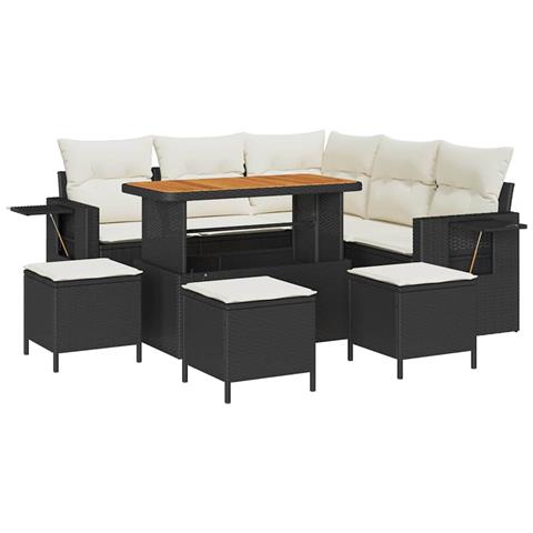 Set di Divano da Giardino a 9 Piezzi con Cuscini Nero Rattan Polietilene Acacia, Set di Pranzo da Giardino a 4 Piezzi con Cuscini Nero Rattan Polietilene Acacia - Foto 1