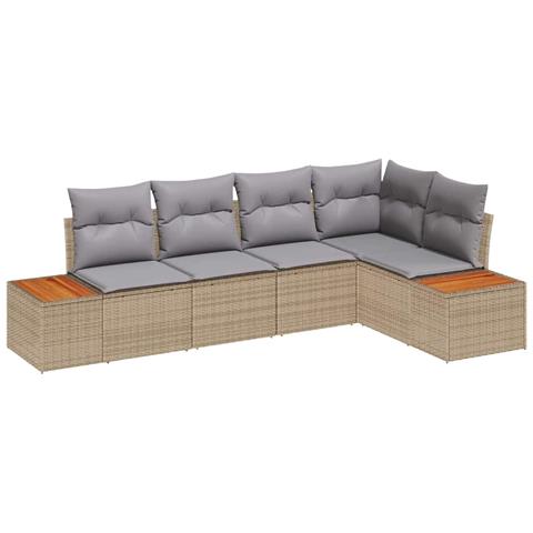 Set Divano da Giardino 5 Pezzi con Cuscini Beige Rattan Poli Acacia - Foto 1