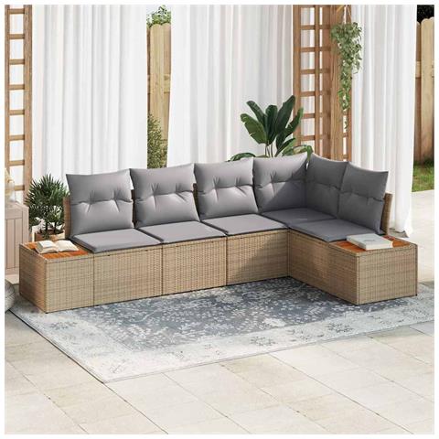 Set Divano da Giardino 5 Pezzi con Cuscini Beige Rattan Poli Acacia - Foto 2