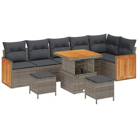 Set Divano da Giardino 9 Pezzi con Cuscini Grigio Polyrattan Acacia, Divano da Giardino 2 Posti con Cuscini Grigio Polyrattan, Set da Pranzo Giardino 3 Pezzi con Cuscini Grigio Polyrattan Acacia - Foto 1